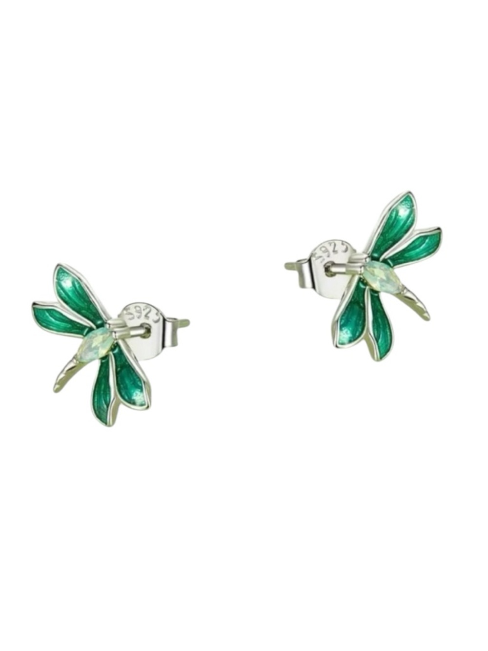 Sterling Silver Green Zirconia Dragonfly Stud Earrings